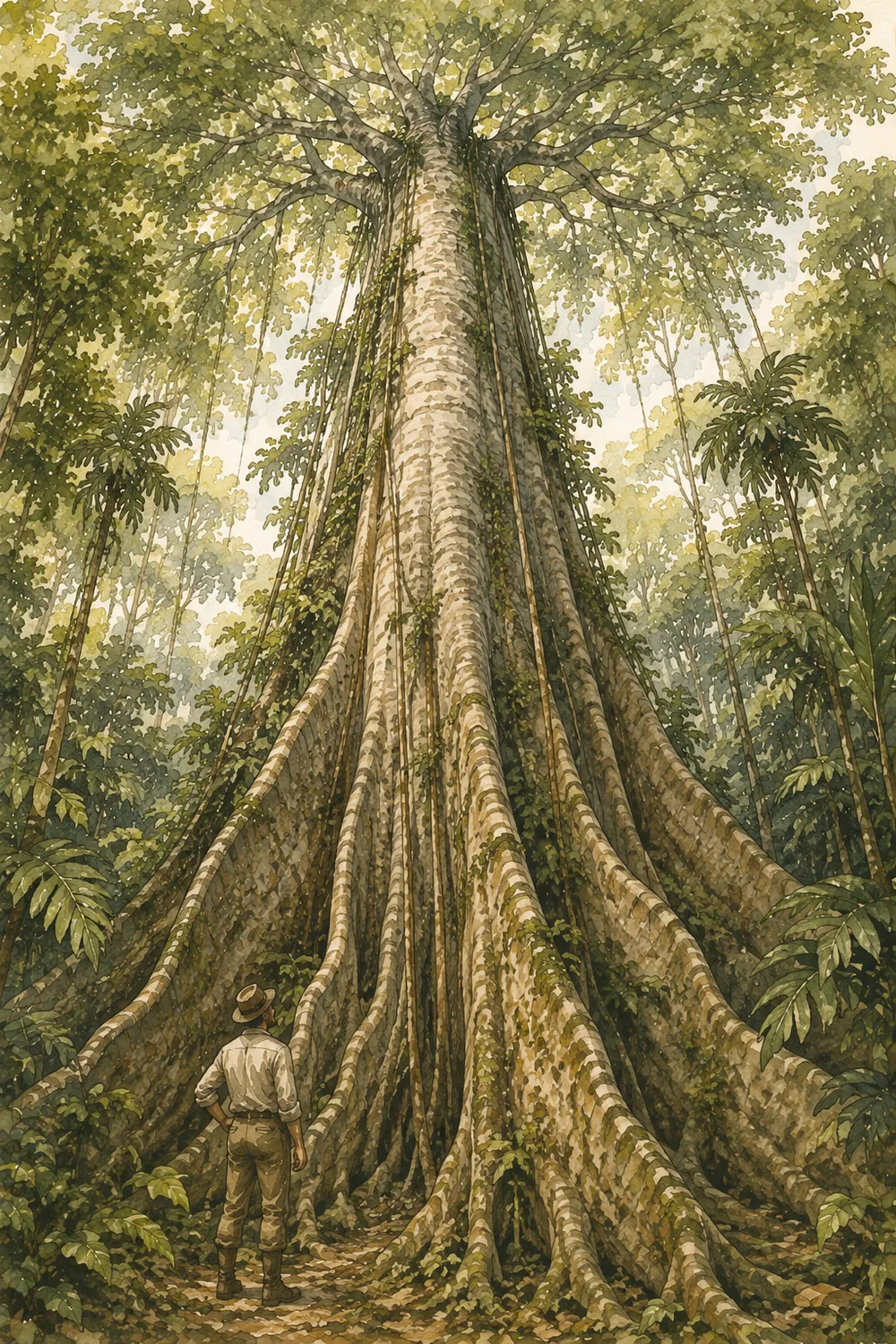 Mächtige Ceiba von unten gesehen, mit hohen Brettwurzeln am Stammfuß