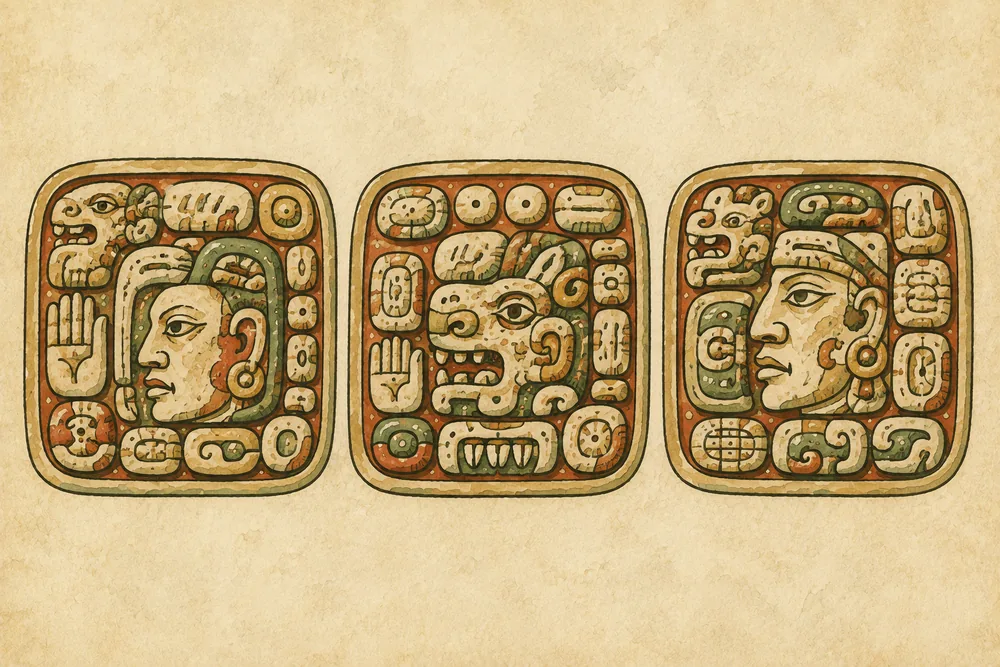 Vergrößerte Zeichnung eines Maya-Glyphenblocks mit Haupt- und Nebenzeichen