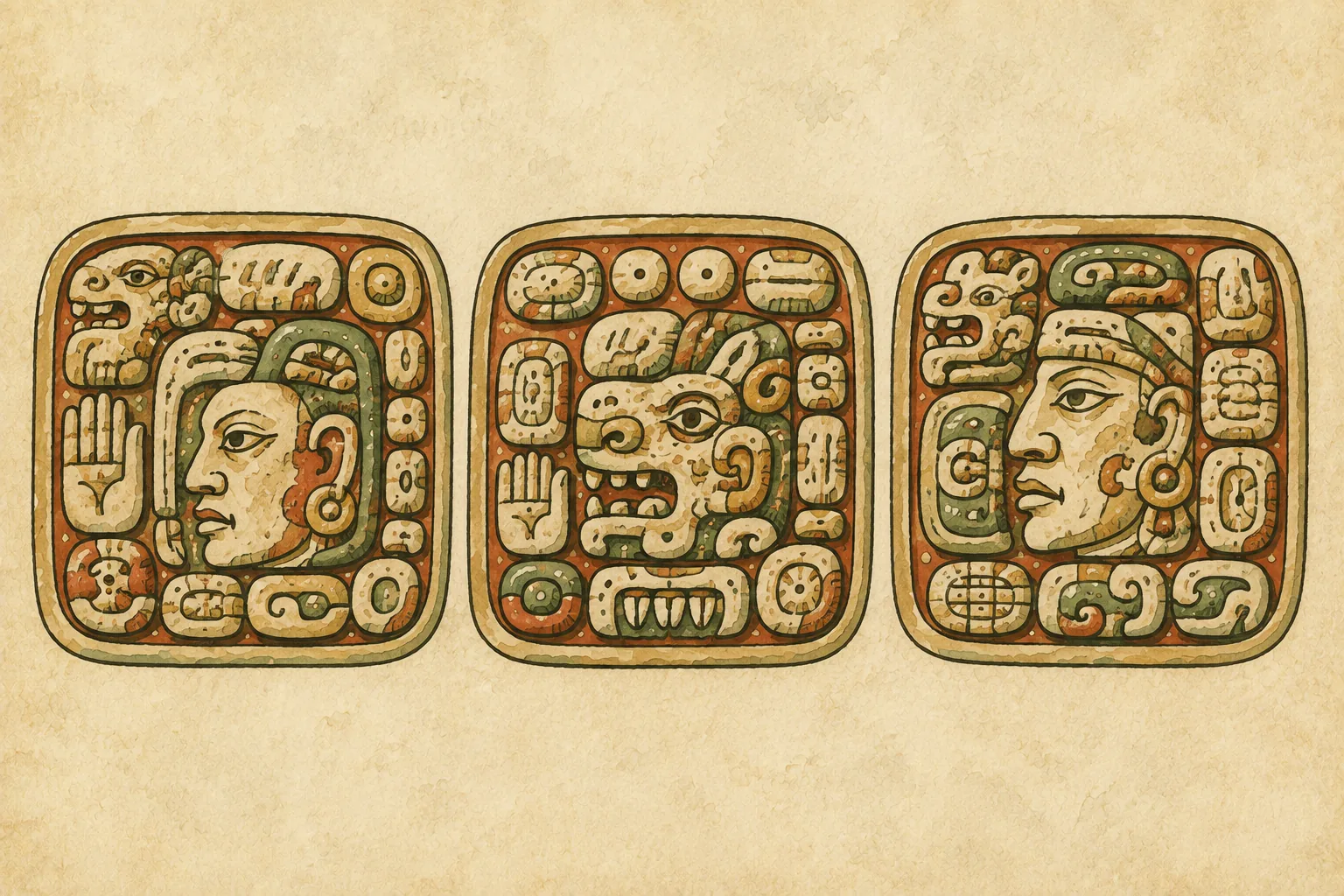 Vergrößerte Zeichnung eines Maya-Glyphenblocks mit Haupt- und Nebenzeichen