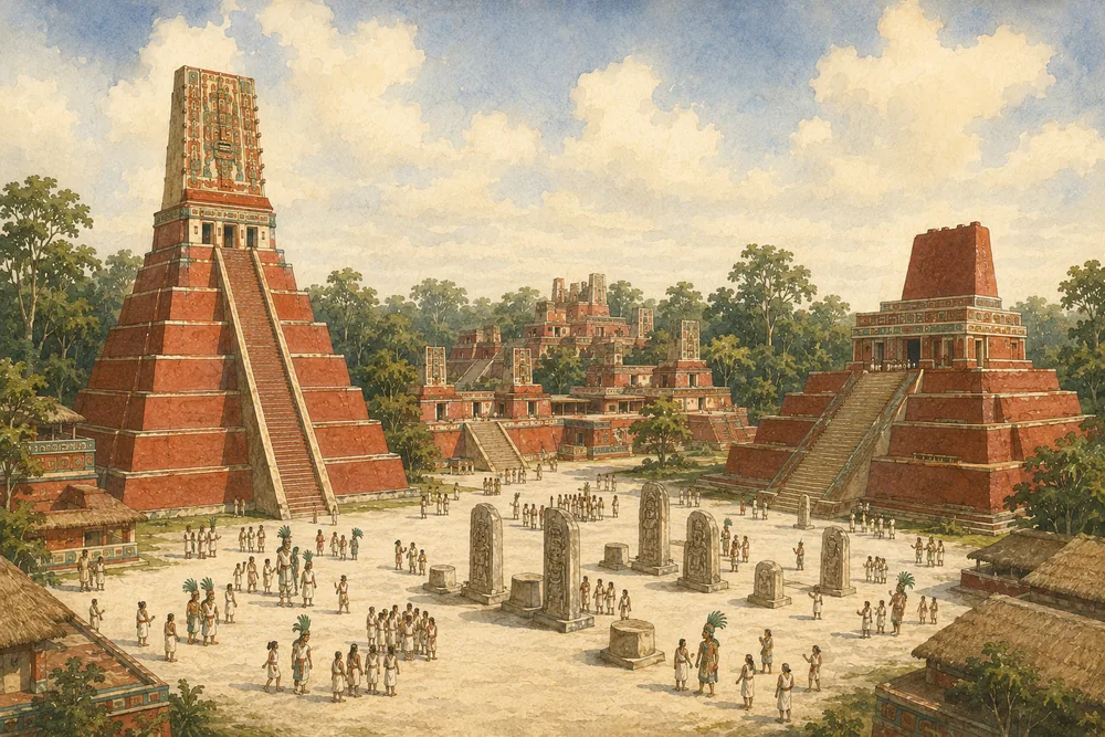 Rekonstruktion des Großen Platzes mit Tempel I, Tempel II und der Nordakropolis