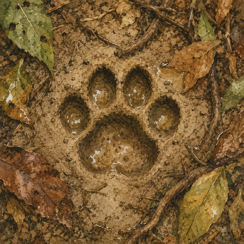 Rundlicher Katzenabdruck ohne Krallenspuren im feuchten Lehmboden eines Waldwegs