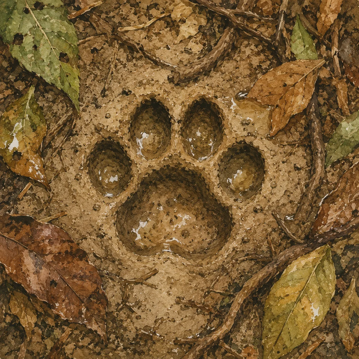 Rundlicher Katzenabdruck ohne Krallenspuren im feuchten Lehmboden eines Waldwegs