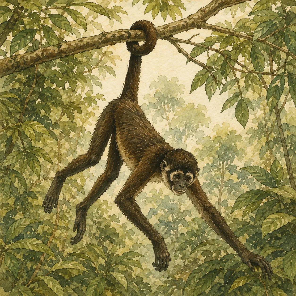 Geoffroy-Klammeraffe haengt mit dem Greifschwanz an einem Ast