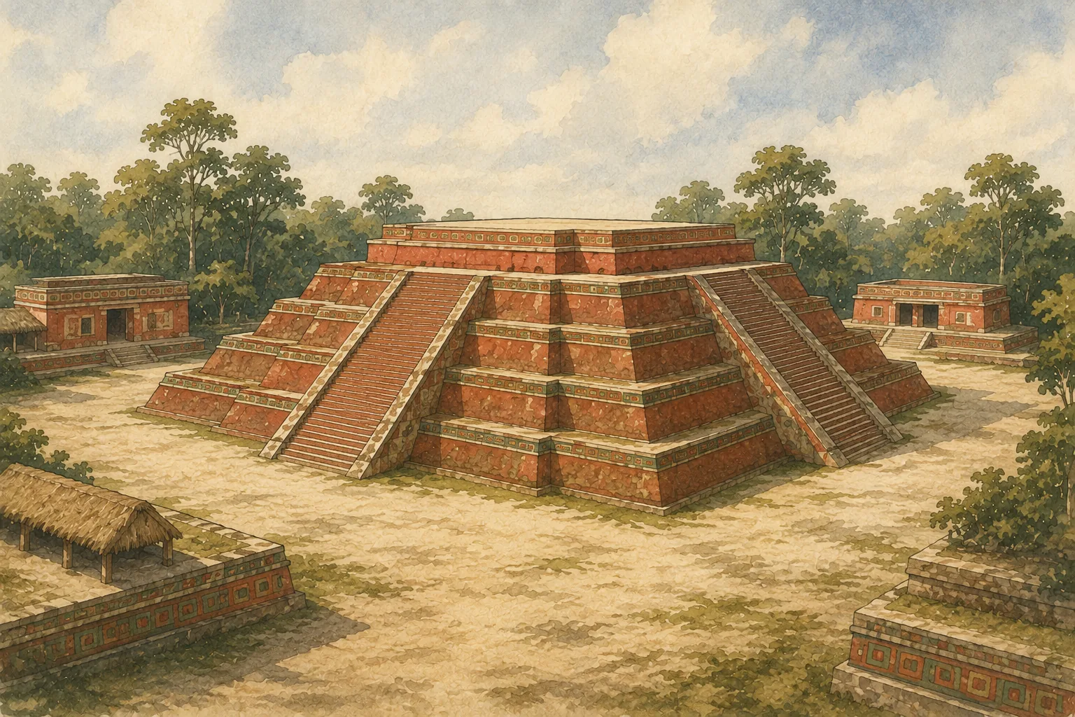 Rekonstruktion der Großen Pyramide von Mundo Perdido mit vier Treppen