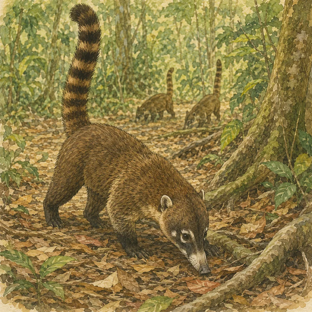 Weißrüssel-Nasenbär am Waldboden mit aufgerichtetem geringeltem Schwanz