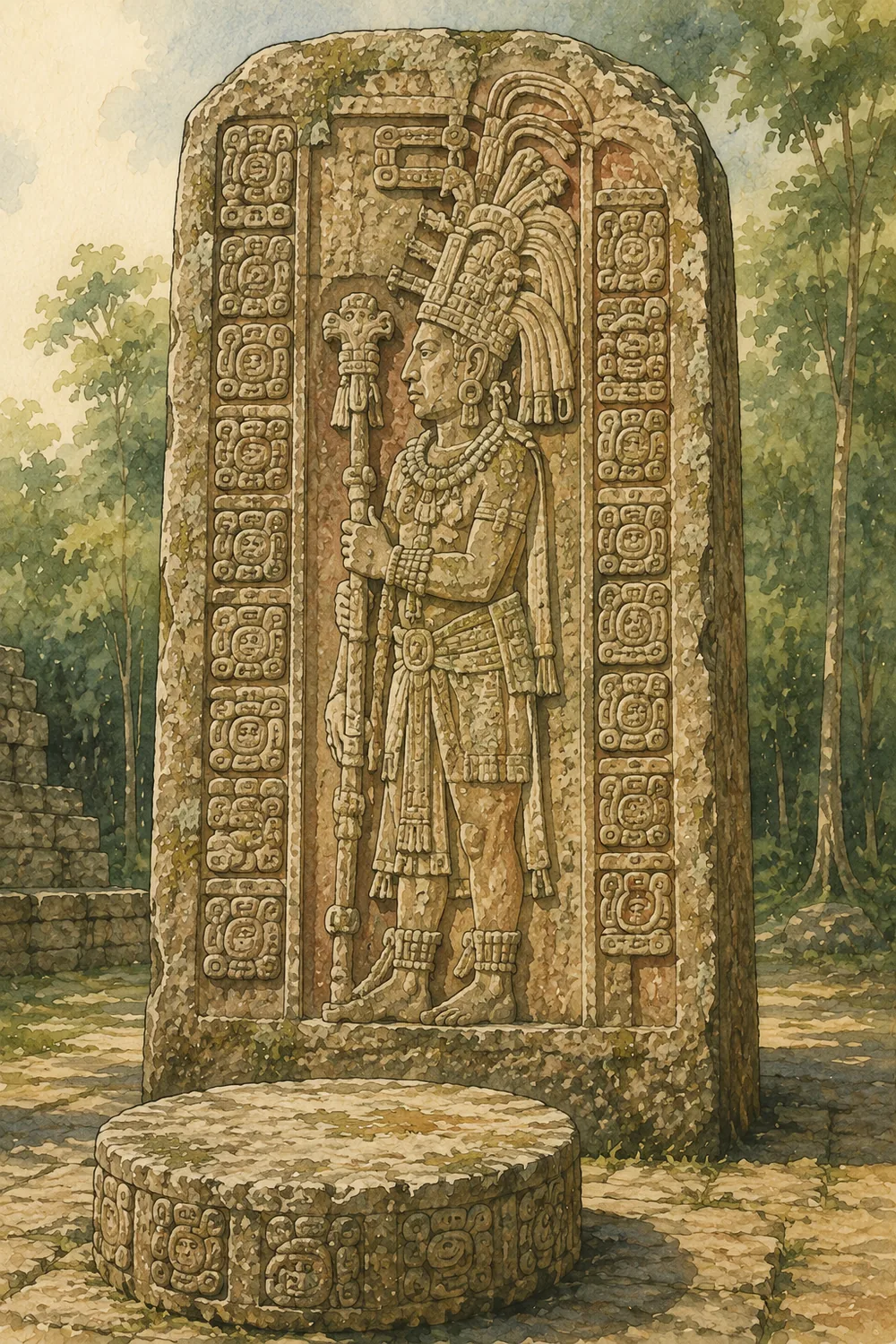 Verwitterte Kalksteinstele mit Herrscherdarstellung und rundem Altarstein davor