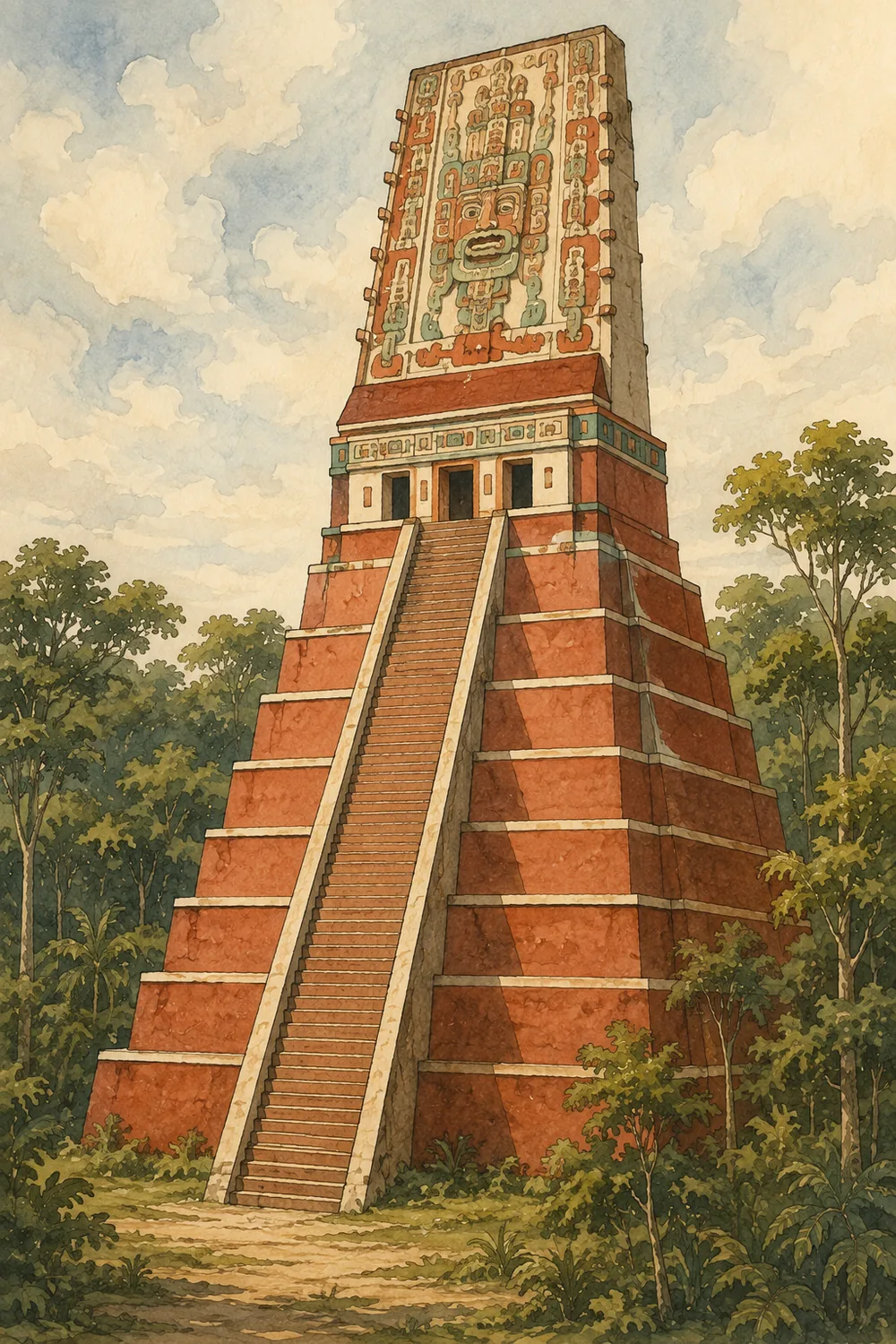 Rekonstruktion von Tempel I mit rot gefasster Fassade und Stuckfiguren am Dachkamm