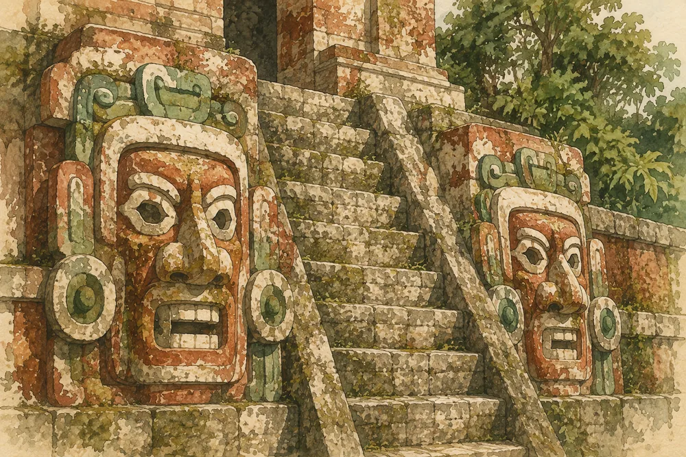 Zwei grosse modellierte Stuckmasken seitlich der Treppe von Tempel II
