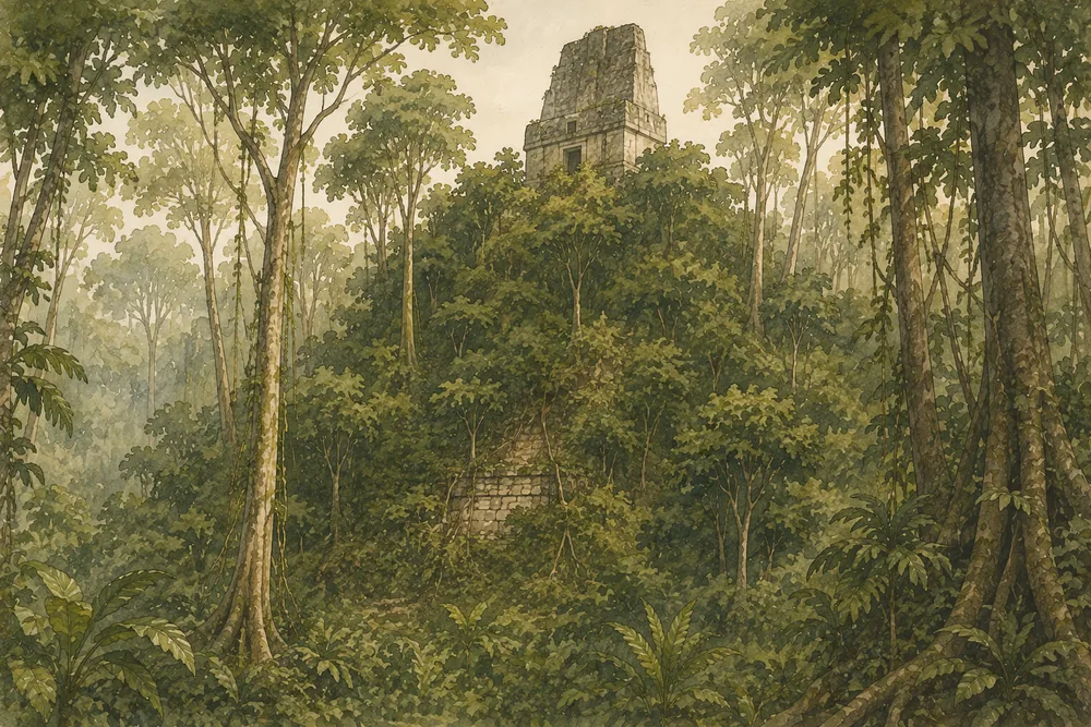 Bewaldeter Hügel, aus dem oben der Dachkamm von Tempel III ragt