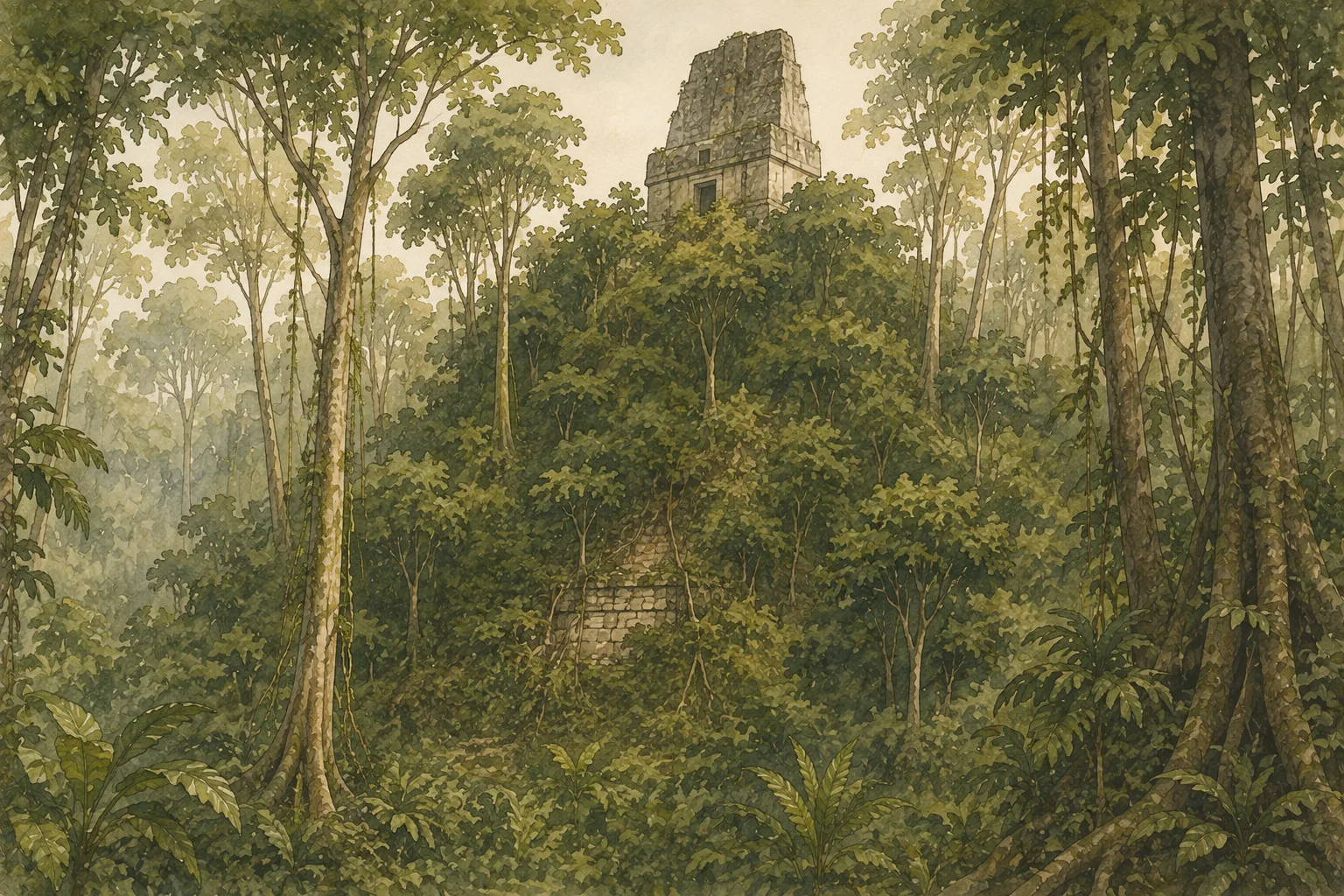 Bewaldeter Hügel, aus dem oben der Dachkamm von Tempel III ragt
