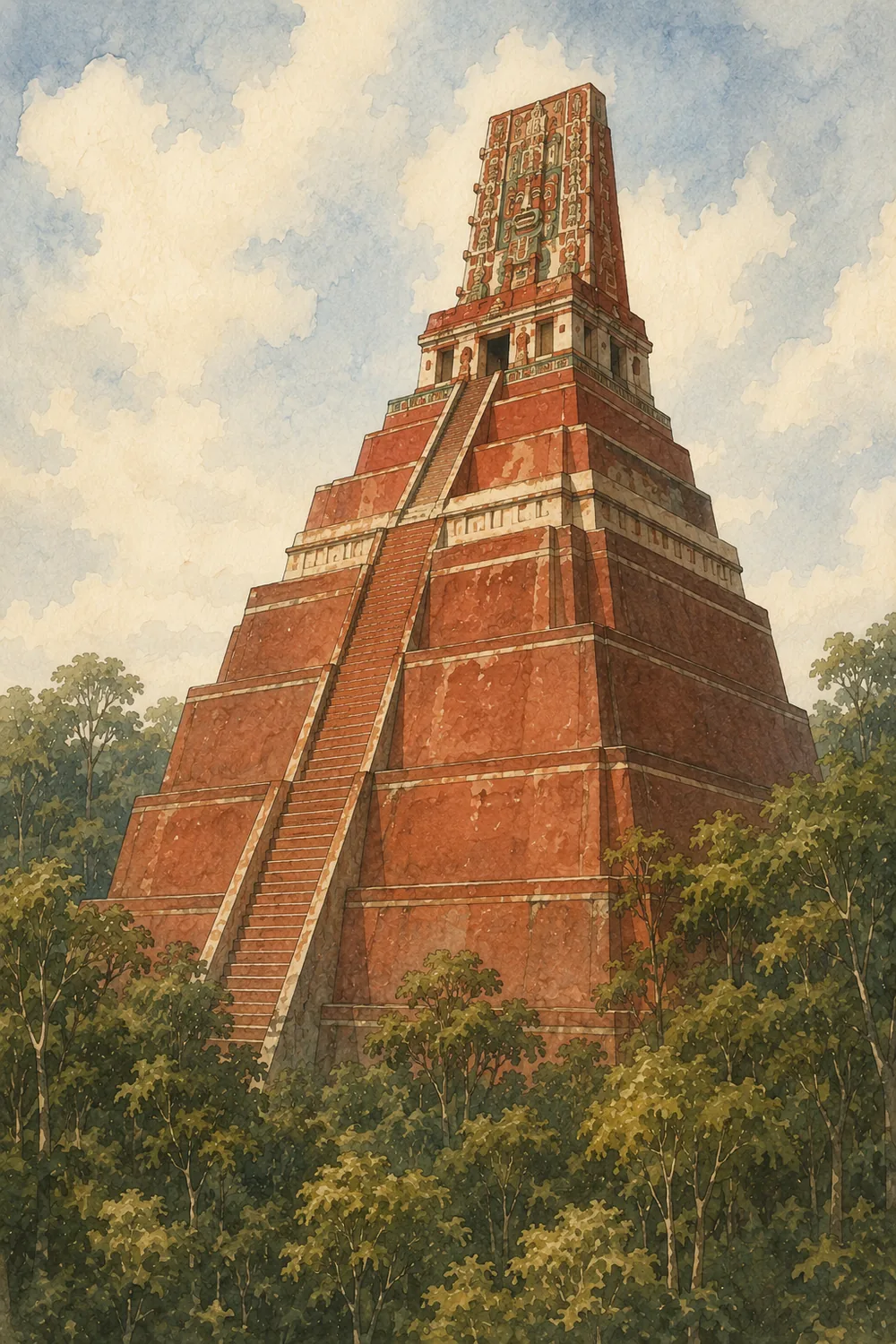 Rekonstruktion von Tempel IV, von unten gesehen, mit rot gefasster Fassade