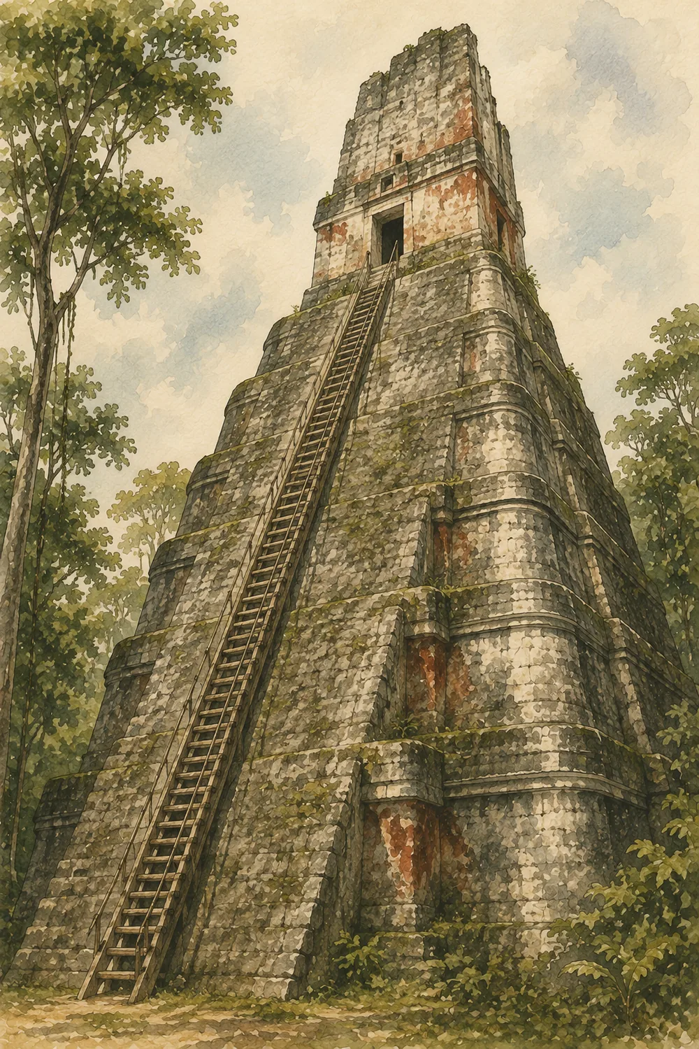 Tempel V von schraeg unten, mit gerundeten Terrassenecken und steiler Holzstiege