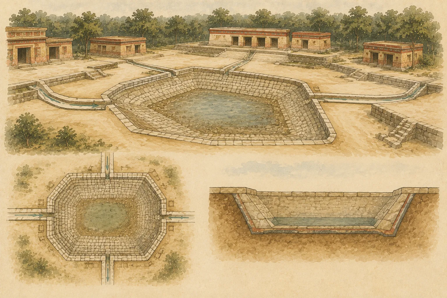 Schnitt durch ein Regenwasser-Reservoir mit gepflasterten Böschungen