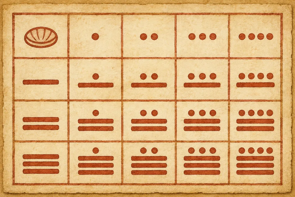 Tafel mit den Maya-Zahlen null bis neunzehn aus Punkten, Balken und Muschelzeichen