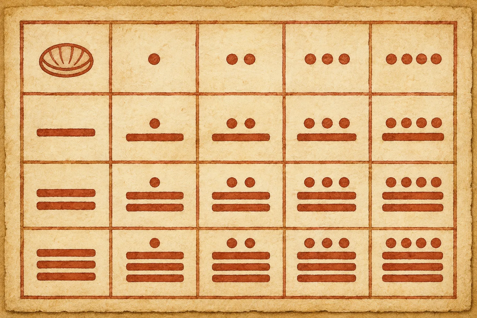 Tafel mit den Maya-Zahlen null bis neunzehn aus Punkten, Balken und Muschelzeichen